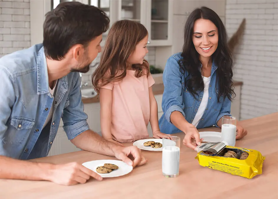 mom opening up convenient cookie peel and reseal packaging