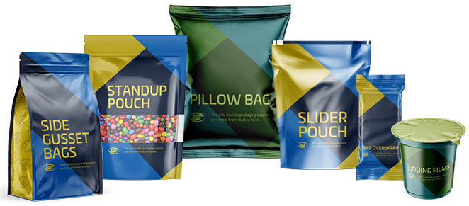 Side gusset pouch, stand-up pouch with candy, pillow bag, slider pouch, bar overwrap, and lidding film for confectionery products.